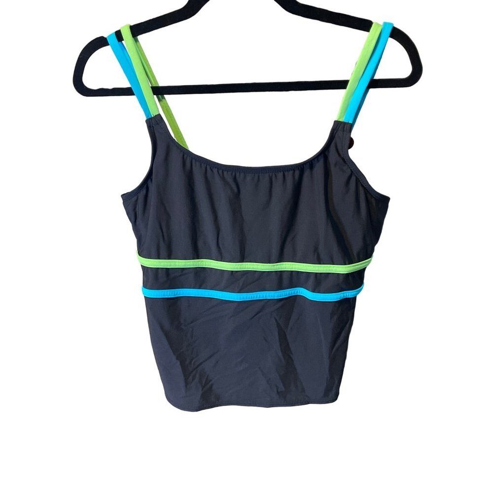 Inches Off Swimwear Black Green Blue Stripe Detail Tankini Top Sz 12